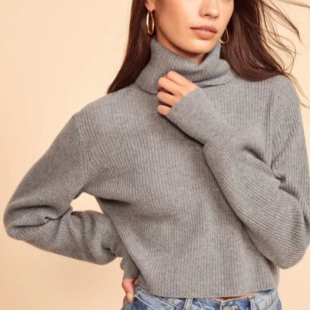 Reformation Luisa 100% Cashmere Cropped Ribbed Fisherman Turtleneck Sweater M
